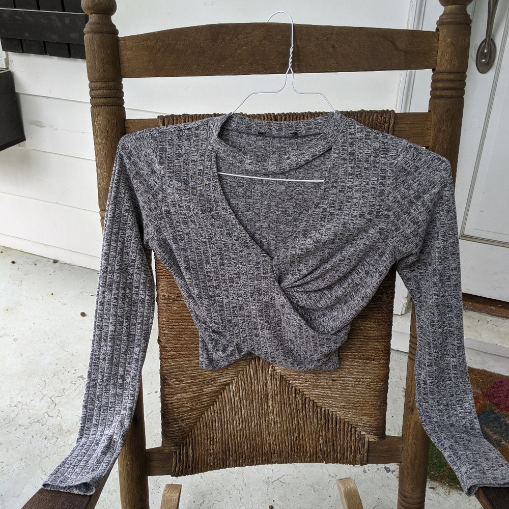 Grey Cropped Long Sleeve Top with Open Chest